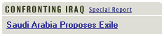 A rectangular gray space, with a 'Confronting Iraq' header and headline links that cycle through below
