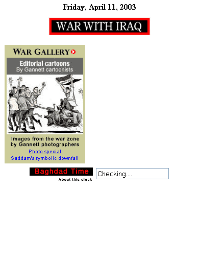 A screenshot of the 'War With Iraq' section of nyjournalnews.com; with JavaScript turned off there is a big blank space.
